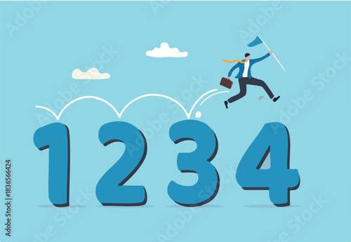 Step by step guide to success, business manual, instruction or guideline, process or improvement ladder, follow advice or lesson concept, smart businessman jumping on guideline number from 1 to 4.