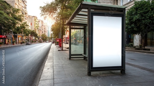 Blank advertising billboard at a modern bus stop on a sunny urban street, perfect for marketing mockups and outdoor promotions