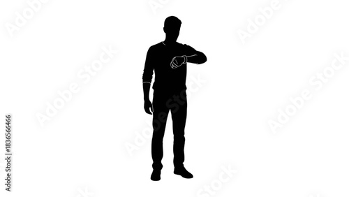 Minimalist white outline figure anxiously checking wristwatch against absolute black background suggesting deadlines or urgency