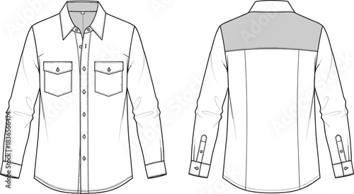 Men’s shirt CAD, technical flat sketch with pockets, long sleeves, detailed stitching, button placket, yoke panel, apparel design illustration