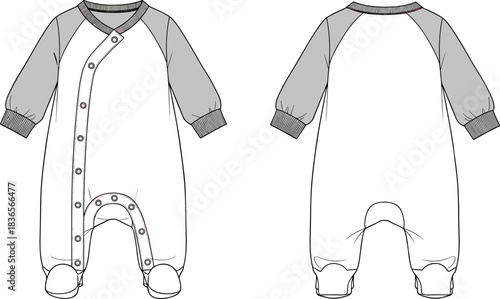 Baby romper technical fashion sketch, infant one-piece sleeper CAD drawing, snap-front footed onesie vector template, apparel design flat illustration