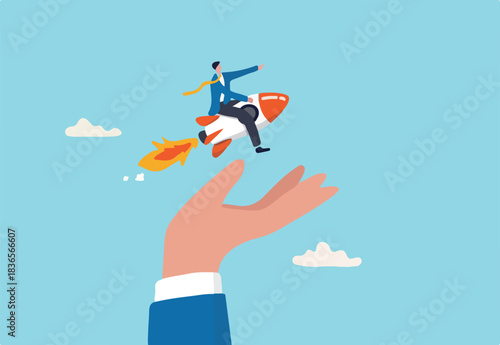 Venture capital to funding startup company, help or financial support entrepreneur or small company to launch project concept, confident businessman riding launching company rocket in supporter hand