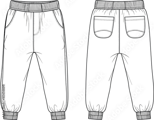 Kids jogger pants technical fashion sketch, elastic-waist cuffed garment CAD drawing, flat vector illustration, apparel design template, comfortable clothing blueprint for designers