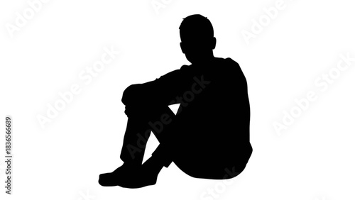 Minimalist silhouette outline of a person sitting calmly in deep meditation against a stark black background