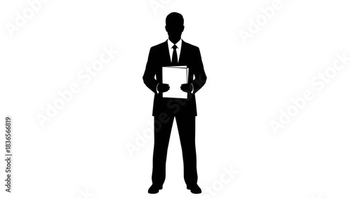 Mysterious businessman silhouette in sharp black and white contrast suggesting corporate anonymity or secret agent intrigue