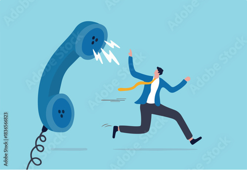 Customer complaint, dissatisfaction from product or service problem, angry feedback from client concept, businessman product owner running away from furious complain telephone from customer or client.