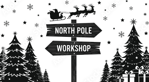 A captivating festive vector illustration of Santa's Sleigh flying over a snowy Christmas forest, featuring a rustic wooden signpost pointing to the North Pole and Workshop,