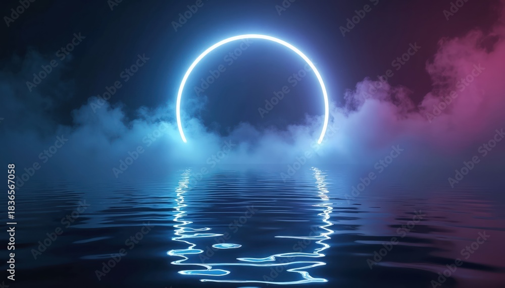 Fototapeta premium Abstract neon ring hovers over water surface. Blue and pink smoke clouds drift around glowing circle. Water reflects bright light. Dark night atmosphere.