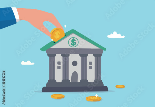 Down payment for house purchasing, mortgage or real estate loan, savings to buy new home or property investment, rental concept, businessman hand home owner putting money dollar coin into new house.