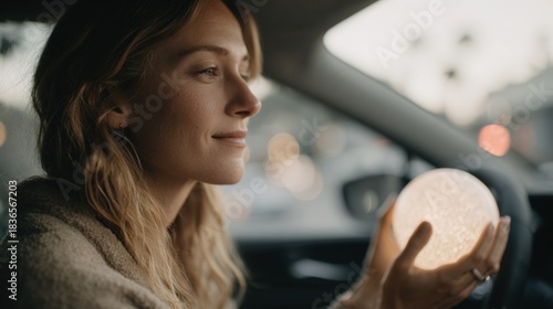 Fototapeta Naklejka Na Ścianę i Meble -  Young woman sitting in the driver's seat of a car, holding a small round object in her hand. she is looking out the window with a peaceful expression on her face.