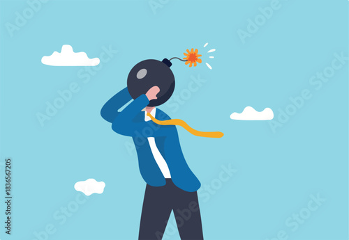 Anxiety, stressed or anger emotion, mental problem or depression, exhaustion or overworked concept, frustrated nervous businessman bomb head about to explode