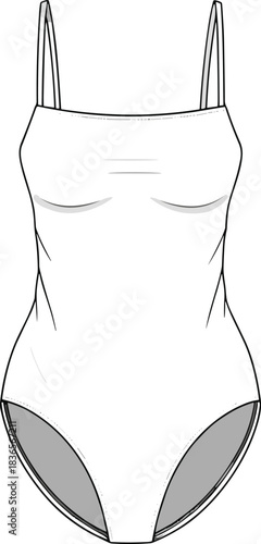 Women's swimsuit technical fashion sketch, one-piece garment CAD drawing, flat vector illustration, apparel design template, minimal clothing blueprint for designers