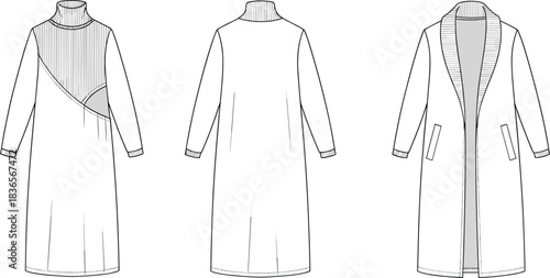 Women's long coat and turtleneck dress technical fashion sketch, garment CAD drawing, flat vector illustration, apparel design template, modern clothing blueprint for designers