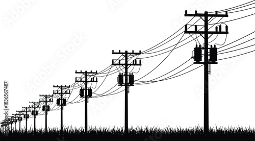 Black Silhouette of Electric Power Poles and Overhead Lines Against White Background, Rural Power Grid Infrastructure, High Voltage Transformer System, 