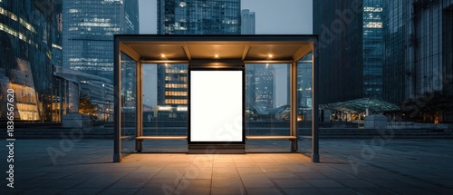 Modern glass bus stop with a blank digital advertising screen in a futuristic city at twilight, surrounded by illuminated skyscrapers and urban architecture, perfect for advertising mockups.