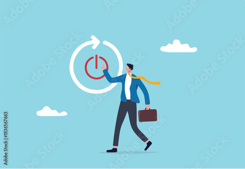 Time to reboot business or career, refresh working energy or restart new journey, change to improve outcome concept, smart businessman carefully reach his finger to press reboot or restart button