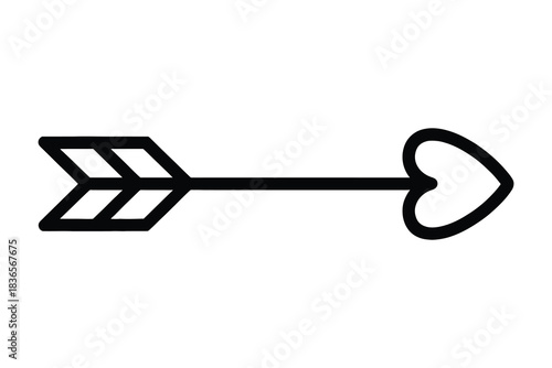 Simple black and white outline icon of an arrow with a heart shape for the arrowhead, isolated on