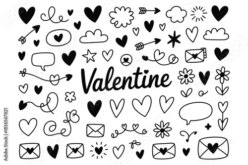 Collection of hand drawn valentine doodle elements like hearts, arrows, clouds, and envelopes isolated on