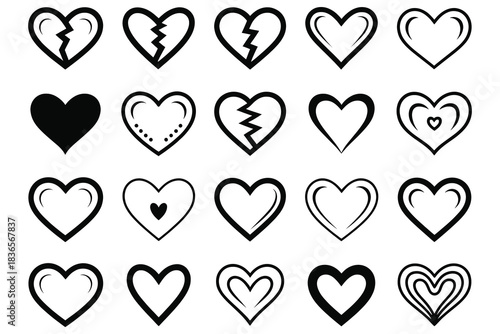 Collection of various hand drawn black and white heart icon set isolated on