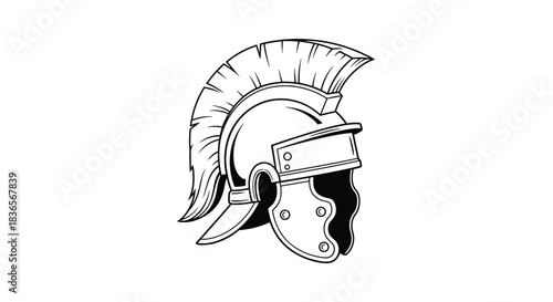 Monochrome line art illustration of an ancient Roman or Greek centurion helmet with a crest, isolated on a plain white background.