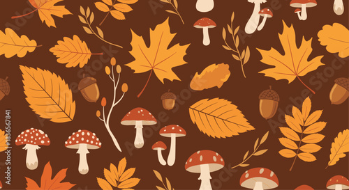 Seamless autumn pattern with colorful fall leaves, acorns, and fly agaric mushrooms on a rich dark brown background for textiles.
