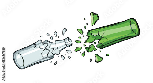 Dynamic illustration of two glass bottles, one clear and one green, shattering and breaking apart into sharp fragments of glass.
