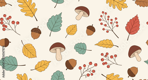 Charming seamless autumn pattern with hand-drawn style leaves, mushrooms, acorns, and red berries on a light cream-colored background.