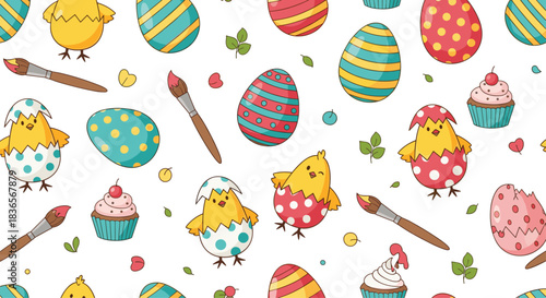 Adorable seamless Easter pattern with cute chicks hatching from decorated eggs, cupcakes, and paintbrushes on a clean white background.