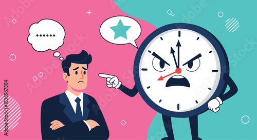 Stressed businessman looking worried as an angry, anthropomorphic clock character points and yells, symbolizing deadline pressure.