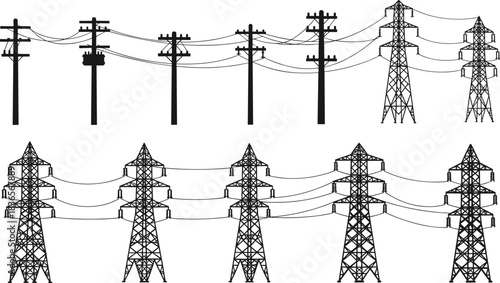 Electric power transmission towers and wooden utility poles silhouettes carrying high voltage current, distributing electricity across landscape, essential infrastructure for modern energy supply.