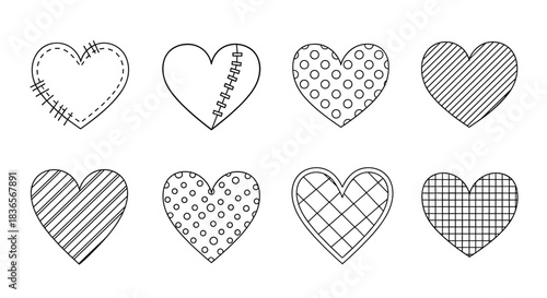 Collection of eight hand-drawn doodle hearts with various textures like stitches, patches, polka dots, and stripes for Valentine's Day.