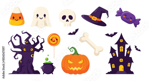 Adorable collection of cute cartoon Halloween icons including a ghost, pumpkin, haunted house, skull, and candy corn for holiday designs.