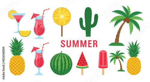 Bright and colorful collection of summer vacation icons featuring cocktails, pineapple, watermelon, and palm trees with 'SUMMER' text.