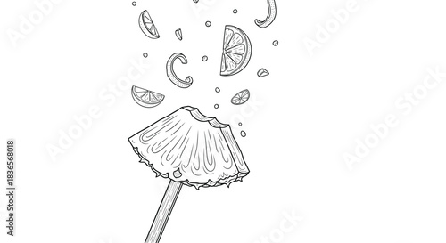 Dynamic black and white illustration of citrus slices and juice splashing out from a pineapple ring on a stick in a sketch style.