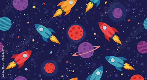 Fun and colorful seamless space pattern with cartoon rockets, planets, and stars, perfect for kids' room decor or fabric designs.