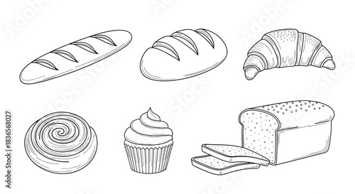 Hand-drawn collection of classic bakery items in a clean line art style, including bread, a croissant, a cinnamon roll, and a cupcake.
