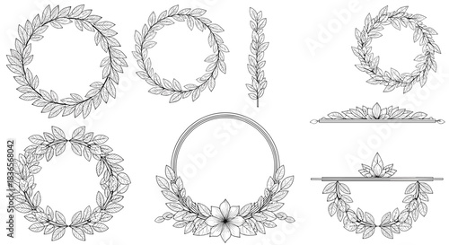 Elaborate collection of hand-sketched laurel wreaths, floral frames, and decorative dividers in a detailed vintage black and white style.
