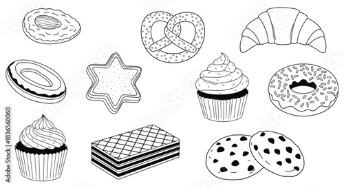 Charming hand-drawn collection of various sweets and pastries, including a donut, cupcake, cookies, and a pretzel in line art style.