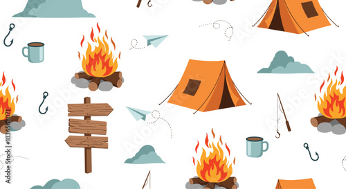 Seamless pattern for outdoor adventures featuring cartoon tents, campfires, wooden signs, and paper planes on a white background.