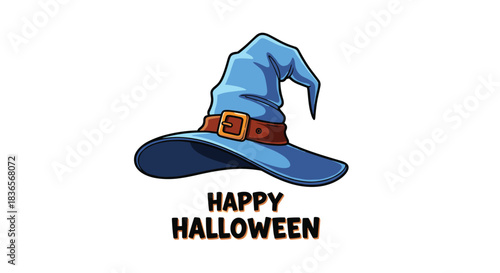 Cartoon illustration of a pointy blue witch hat with a brown belt and buckle, accompanied by 'Happy Halloween' text below.
