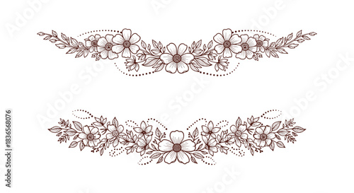 Two elegant, symmetrical floral dividers with intricate flowers and leaves in a delicate brown line art style for decorative text framing.