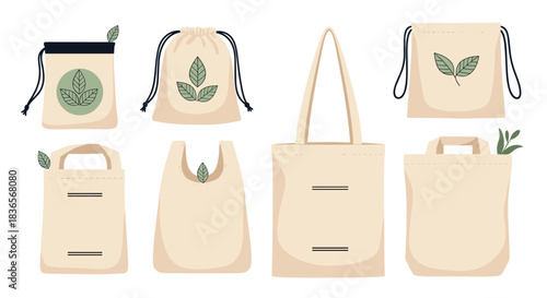Collection of various eco-friendly reusable shopping bags, including tote bags and drawstring pouches, promoting a zero-waste lifestyle.