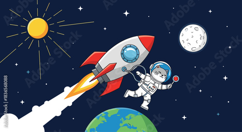 Adorable cartoon cat astronaut floating in outer space with a lollipop, tethered to a launching rocket near Earth and the moon.