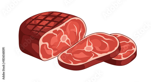 Simple cartoon illustration of a grilled or smoked ham roast with two thick slices cut from it, isolated on a white background.