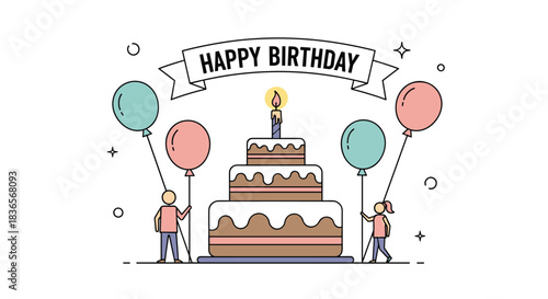 Minimalist line art illustration for a birthday celebration, with people holding balloons next to a large tiered cake and a banner.