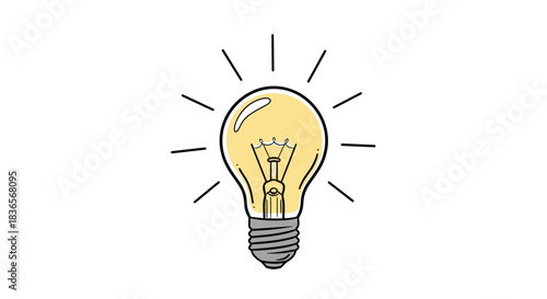 Hand-drawn doodle of a classic incandescent light bulb shining brightly, representing a brilliant idea, creativity, and innovation.