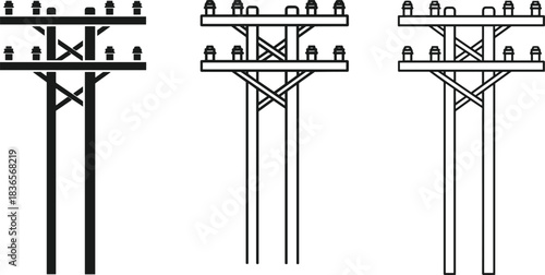 Electric utility pole power line transmission tower silhouette outline drawing icon set, industrial infrastructure electricity energy distribution network vintage wooden pylon vector illustration.