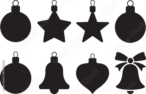 Collection of eight black silhouette christmas ornaments including baubles stars bells and a bow on a white background