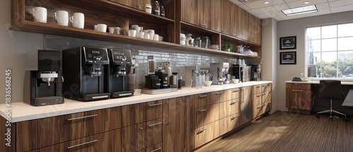 Modern office breakroom with a sleek coffee station, textured wood cabinetry, bright white countertops, and ample natural light from a large window.