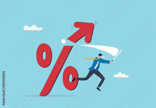 Cut or reduce inflation by monetary policy, FED, federal reserve or central bank increase interest rate to control inflation to acceptable level concept, businessman cut percentage sign with sword.